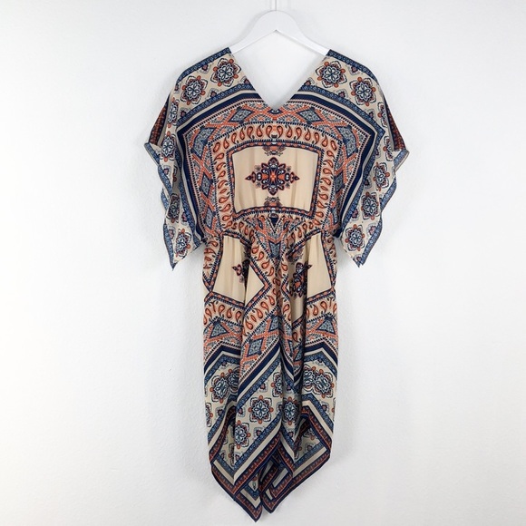 Moon River Blue Orange Handkerchief Print Dress - Picture 4 of 7